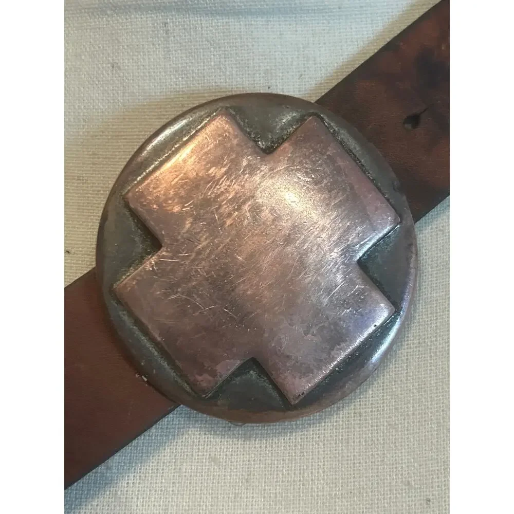 Round Heavy Brass Cross Buckle with Brown Leather Belt - Picture 2 of 10